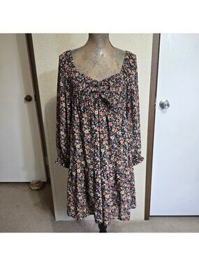 Maurices 1X Mini Dress Black Floral Boho Long Sleeve Smocked Peasant